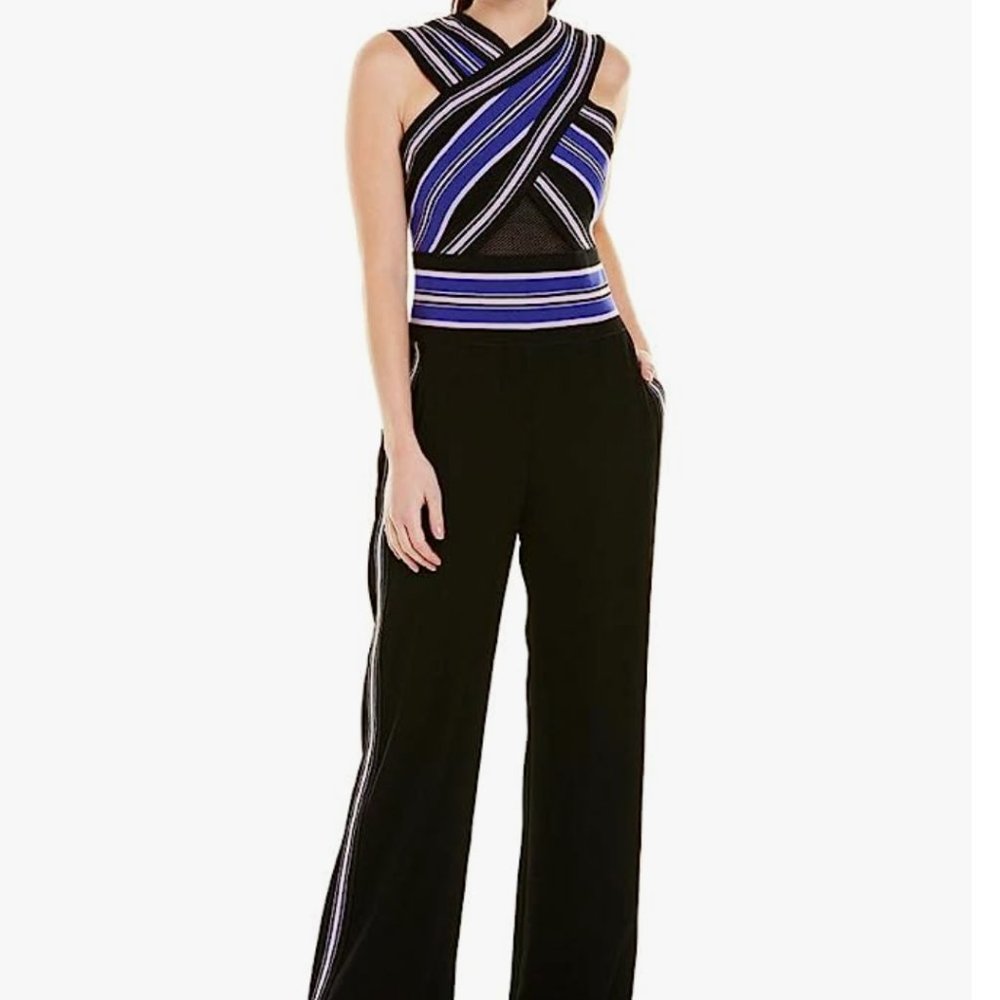 Tadashi Shoji Womens Black Blue Striped Cross Neck Jumpsuit Size 4